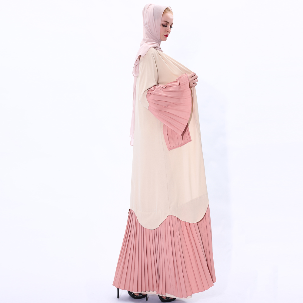 Muslim Women Abaya Dress Long Sleeve Robe Cardigan with belt Design Trumpet pleated Sleeve Lady Long Sleeve Maxi Dress 91225