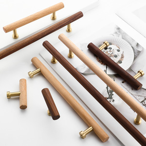 Poignées de meuble en bois de hêtre et de noyer, forme barre, en bois massif, boutons de tiroir et de porte en laiton, style chinois moderne - Product Image 3