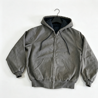 Veste d'hiver pour homme, style workwear vintage vieilli, coupe droite, à capuche zippée, en toile délavée, entièrement zippée, avec doublure matelassée et broderie