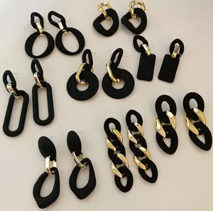Black earrings combinations dull polished and metal chain women stud drop earrings sterling silver 925 pin fashion earrings