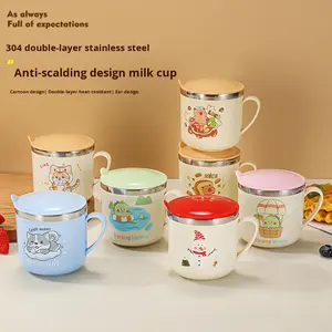 Gobelet <span class=keywords><strong>à</strong></span> eau et <span class=keywords><strong>à</strong></span> lait pour enfants en acier inoxydable 304, avec poignée de dessin animé, pour la maternelle, avec couvercle, double paroi - Product Image 3