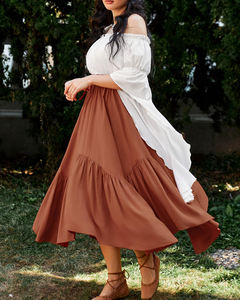 Falda Larga <span class=keywords><strong>de</strong></span> Verano para <span class=keywords><strong>Mujer</strong></span>, Estilo Bohemio, Cintura Alta, con Volantes, Cintura Elástica con Cordón, Color Sólido, Estilo Línea A - Product Image 4