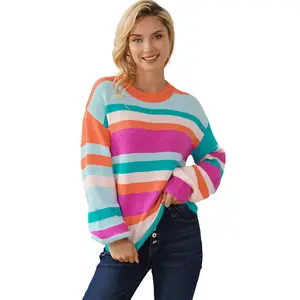 Customized Multi-color Striped Knitted Sweater For Women's Casual Fashion Pullover Round Neck Sweater Chinese Manufacturer