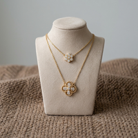 Collier superposé tendance en or massif 18k 14k 10k 9k pour mariage et soirée, avec pendentif fleur délicat et trèfle serti de diamants, double chaîne maille tennis