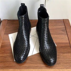 Bottes d'affaires haut de gamme en cuir tressé faites à la main, style britannique, chaussures montantes pour hommes, bottes Chelsea en cuir. - Product Image 5