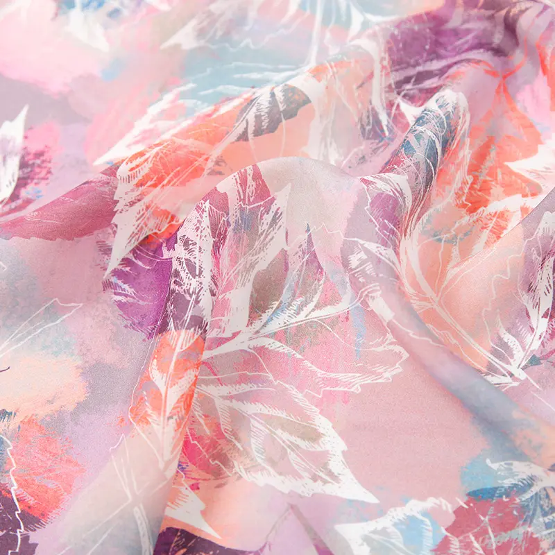 Customized Soft Comfortable silk linen fabric pink leaf printed fabrics for summer dress and clothing