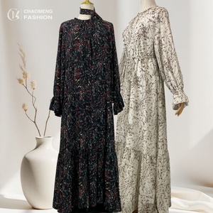 6434# Fashion Floral Flare Chiffon Abaya Dress Long Sleeve Elegant Women's A-line Dresses With Full Lining - Product Image 4