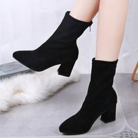Bottes d'hiver mi-mollet pour femme, à bout pointu, talon épais, chaudes, en PU, noires, tendance, rehaussantes