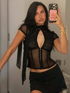 596 Spring New Women's <b>Personalized</b> Breasted Slim Fit Sey Ollowed Out Stand up Collar Sort Sleeved Tsrt - Product Image 3