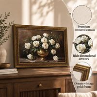 Lukisan Kanvas Still Life Mawar Putih Berbingkai Emas Vintage 12x16 inci Vas Emas Dekorasi Dinding Floral Sampel OEM ODM Siap dalam Setengah Hari