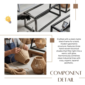 Suspension trapézoïdale à 3 lumières, abat-jour en rotin tressé à la main, lampe suspendue Japandi pour îlot de cuisine - Product Image 3