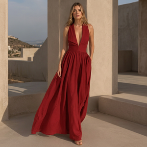 Robe longue élégante en lin/coton à col mandarin, faite main, sans manches, dos nu, unie, rouge vintage, pour l'été, la plage, les fêtes et les vacances - Product Image 1