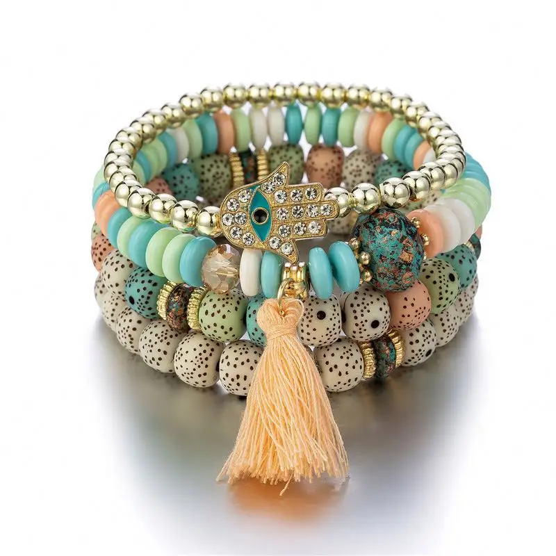 Boho Trendy Jewelry Sets Shell Charms Bracelet Candy Color Women Adjustable Lucky Evil Beaded Bracelet