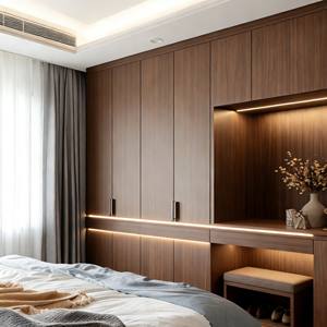 Custom Luxury Bedroom Wood Cabinet Integrated Walk-in <b>Wardrobe</b> with Glass Display Niche & Built-in Vanity Desk - Product Image 2