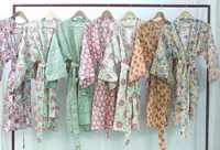 Robe Kimono en coton fait à la main bloc assorti imprimé Style Vintage robe de bain pour femmes vêtements de nuit pour l'automne printemps utilisation Spa nouveau