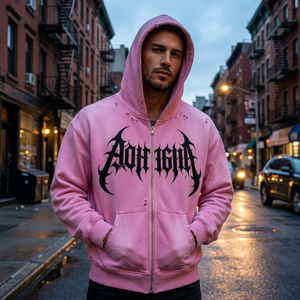 Sudadera con capucha <span class=keywords><strong>Cyber</strong></span> Sigilism con gráfico metálico en rosa descolorido por el sol |   Sudadera con capucha holgada de felpa gruesa de 450 g con cremallera completa y efecto desgastado, estilo streetwear de lujo - Product Image 2