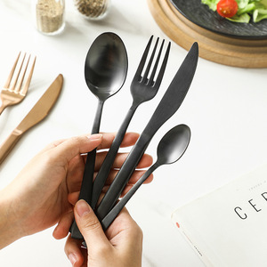 Shiny-Jh Stainless Steel Cutlery Set 4 Piece Gold Black Knife Fork Spoon Brushed <b>Sandblasted</b> Dinnerware - Product Image 3