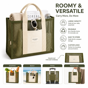 <span class=keywords><strong>Bolsa</strong></span> de Mano de Malla Verde Oliva con Logotipo Personalizado, Asas de Lona Beige, Espaciosa, Duradera, Transpirable, Ligera, para Campamento, Picnic y Actividades al Aire Libre - Product Image 3