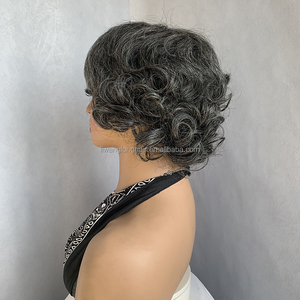 Perruque <span class=keywords><strong>courte</strong></span> bouclée crépue noire et grise pour femmes, style bob ondulé naturel, <span class=keywords><strong>coupe</strong></span> pixie, en cheveux humains fabriquée à la machine pour femmes noires - Product Image 2