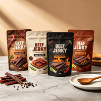 Sacs d'emballage personnalisés en papier kraft avec fenêtre pour viande séchée, biltong et bœuf jerky, avec fermeture à zip