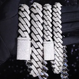 Solid Silver Cuban Chain 15MM 20MM Wide 3Row GRA Certificate VVS Moissanite Diamond Cuban Link Chain Men Rapper Hip Hop Necklace