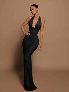 Popular European American Foreign Trade Romantic Natural Sexy Sequined Halter Lace-up 100% Polyester Bodycon Evening <b>Dress</b> - Product Image 4