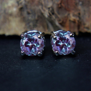 Dainty 925 Silver <b>Alexandrite</b> Stud <b>Earrings</b> Round Cut Color Changing Purple Gemstone Engagement Wedding Party Gift for Women - Product Image 1