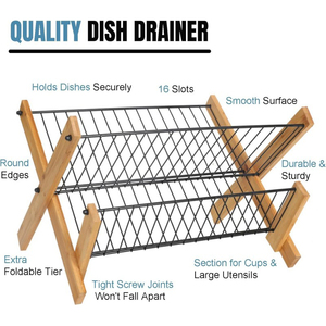رف تجفيف أطباق قابل للطي، موفر للمساحة، رف تخزين للأطباق والأوعية على سطح المطبخ، رف تجفيف أطباق من الخيزران بطبقتين - Product Image 3