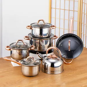 12 PCS Kitchenware Set Customization Stainless Steel Pots And Pans Cooking Pot Set With Glass Lid And Rose Gold Handle