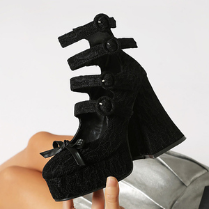 Front Bow Women's Round Toe Dress <b>Lace</b> Upper Shoes High Chunky Heels High Top Sandals Thick Platform Buckles <b>Pumps</b> - Product Image 4