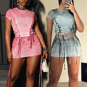 Conjunto de dos piezas acanalado degradado respetuoso con el medio ambiente para mujer de verano <span class=keywords><strong>Miss</strong></span> Pink Lace-up Tees Hip Skirt Natural Matching Outfit para niñas - Product Image 1