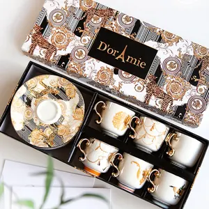 High-End 6 Stück Retro kleine Luxuskartons aus Keramik türkische Kaffeetassen und Untertasse Teeset Knochenporzellan China Nachmittagstee-Tasse Geschenkbox-Set