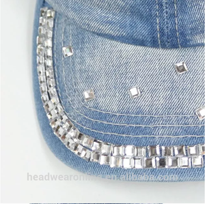 Thời Trang Tùy Chỉnh Bling Rhinestone Rửa Sạch Denim Mũ Bóng Chày 6 Bảng Điều Chỉnh Phụ Nữ Cong Mũ Được Trang Bị - Product Image 6