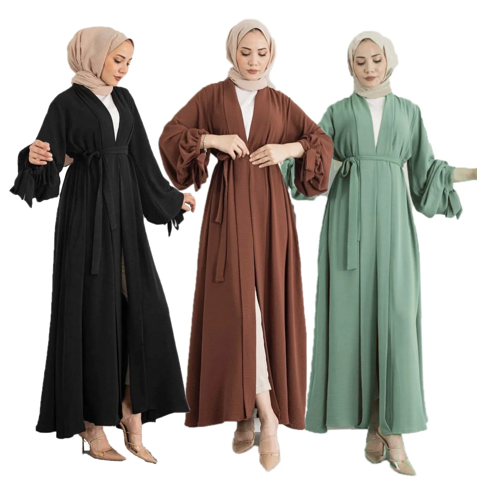 Atacado Mulheres Abertas Vestido Longo Muçulmano Dubai Abaya Modesto Maxi Preto Liso Plissado Kimono Desgaste Oriente médio Islâmico Roupas