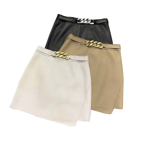 0357 Fashion Simple and Versatile Metal Chain High Waist Asymmetric Sheepskin a Version Mini Short Skirt