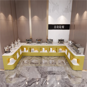 Buffet en marbre en forme <span class=keywords><strong>de</strong></span> <span class=keywords><strong>L</strong></span> personnalisable, comptoir <span class=keywords><strong>de</strong></span> service alimentaire moderne avec éclairage LED pour restaurants, hôtels, écoles et cantines - Product Image 3