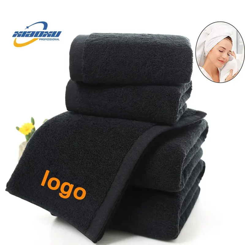 Commercio all'ingrosso parrucchiere bellezza Spa barbiere viso capelli ricamo Logo 100% cotone bagno Hotel bianco nero asciugamano personalizzato