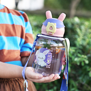 Cartoon Kids Water Bottle With Strap <b>Plastic</b> Bpa Free 500Ml For 2-4 Years Children <b>Drinking</b> Cup With <b>Straw</b> And Handle - Product Image 2