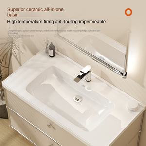 Mueble de <span class=keywords><strong>baño</strong></span> de acero inoxidable Cream Wind con lavabo de cerámica integrado y espejo LED Fregadero estilo <span class=keywords><strong>Bauhaus</strong></span> francés - Product Image 2