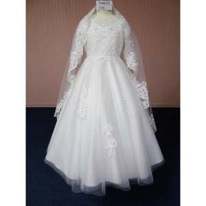 30 دانتيل ريترو رائع كبير ساتين القوس الأبيض أول فساتين بالتواصل المقدسة مع الدانتيل الحجاب مجموعة ثوب التعميد للأطفال فتاة - Product Image 2