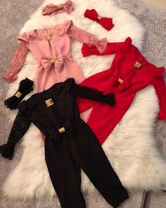 Nueva ropa para niña, conjuntos de moda para niñas, 2 piezas, mono con mangas acampanadas de encaje y lazo, diadema, ropa para niña, ropa de calle de 1 a 5 años - Product Image 2