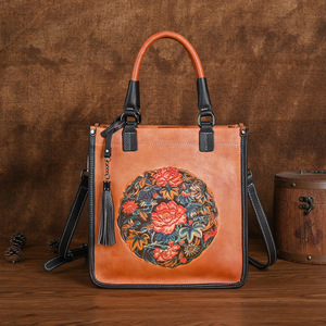 Ando <b>Bag</b> Genuine Leather Handbag <b>Women</b> Vintage Floral Embossed Top Handle Crossbody <b>Bag</b> with Tassel - Product Image 1