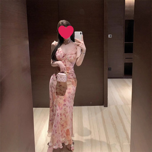 French Style Floral Print V Neck Slip Dress Pink Mermaid Maxi Evening Dress Slim Fit Bodycon Skirt - Product Image 4