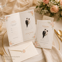 Invitation de mariage pliée sur mesure, carte bi-pliante en papier texturé avec croquis des mariés et ornements floraux délicats