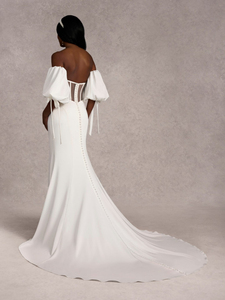 Vestido <span class=keywords><strong>de</strong></span> <span class=keywords><strong>Novia</strong></span> Ruolai WTH118, Sencillo, sin Tirantes, Espalda Descubierta, Cola Larga, Mangas Cortas Tipo Linterna, Satén, Elegante, Estilo Sirena - Product Image 2