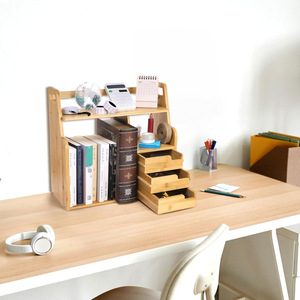 Wooden <b>Desktop</b> Bookcase 3 Tier With Drawers For Desk Storage Organizing Study Supplies <b>Shelf</b> - Product Image 2