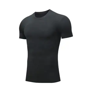 Te Koop Heren Zwarte Compressieshirts 90% Polyester 10% Spandex Heren Sport Korte Mouwen Shirt Compressietop