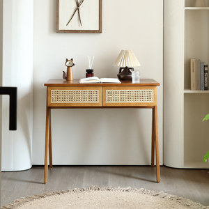 Wabi-Sabi Style <b>Solid</b> <b>Wood</b> Rattan <b>Desk</b> Home Bedroom Integrated Dressing Table Nordic Style for Compact Apartments Chongqing - Product Image 4