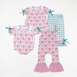 Conjuntos de Ropa para Bebés y Niñas Pequeñas, Estilo Casual de Halloween, Color Rosa, con Lazo de Calabaza Bordado, Ecológicos, para Otoño, Combinados para Hermanas - Product Image 1