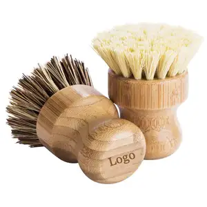 Atacado Round Bamboo Dish Brush Escova De Limpeza Sisal Palm Lavagem Pot Brush para cozinha